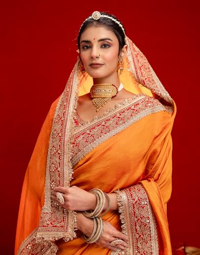 Image of SIRIL Women's Vichitra Silk Sequins Embroidery Lace Saree With Unstitched Blouse Piece
