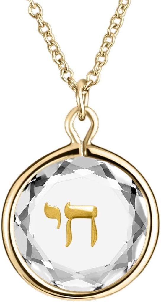 Necklace in White Swarovski Crystal with Gold Enameled CHAI Engraving in Yellow-Gold-Plated-Silver