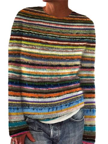 Striped Crewneck Sweaters for Women Trendy Fall Long Sleeve Boho Floral Knit Tops Casual Soft Retro Pullover Sweater