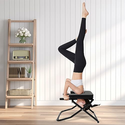 Yoga Headstand Bench Foldable Yoga Inversion Chair with Anti-slip Pattern Portable Headstand Trainer for Practice Head Stand, Shoulderstand and Strength Training,330lbs MAX Loading (Black)