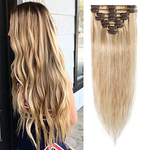 S-noilite 16inch Clip in Human Hair Extensions Balayage 100% Silky Straight Real Human Hair 65g 8pcs 18 Clips #18/613 Ash Blonde/Bleach Blonde Grade 7A Clip on Remy Hair Extensions For Women Gifts