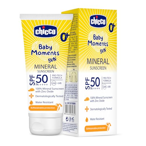 Image of Chicco Baby Moments Mineral Sun Cream SPF 50 for Babies, 75g| 100% Mineral Sunscreen | PA++++ | UVA and UVB Protection | Phenoxyethanol, Parabens & Lauryl Sulphates Free