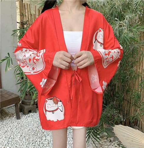Image of LAI MENG FIVE CATS Women's Lucky Cat Cardigan Kimono Loose Cover up Casual Blouse Cute Tops