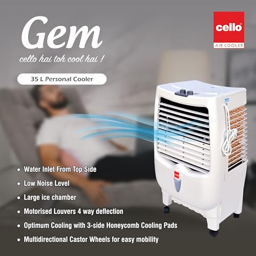 Image of CELLO Gem 35 Litres Heavy Duty Vertical Commercial Air Cooler | High-Density Honeycomb Cooling Pads, Auto-Fill Water Technology, Powerful Air Flow | Long Life Air Cooler For Office & Personal Use