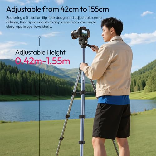 Image of ULANZI TT39 Travel Tripod with Fluid Head, Lightweight Camera Stand for DSLR and Phone, Compact 61'' Tripod Mount with Phone Clip for Outdoor Vlogging and On-The-Go Shooting