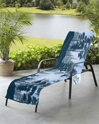 Forest Animal Elk Beach Chair Towel Covers for Chaise Lounge with Side Pocket, Soft Plush Pool Towels Cover for Patio Sunbathing Outdoor 29''x85'' Deer Trees Birds Rustic Cabin Lodge Blue
