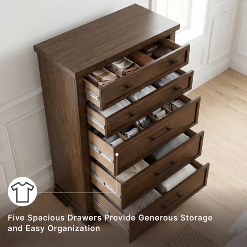 Image of Signature Design by Ashley Taffenbrook Farmhouse 5-Drawer Chest with Felt-Lined Top Drawer and Easy Glide for Bedroom, Dark Brown