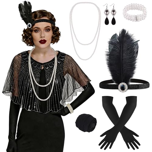 La confezione include: 10 pezzi totali: 1 paio di guanti lunghi neri (2 pezzi); 1 paio di orecchini (2 pezzi); 1 collana di perle; 1 grande , 1 fascia per capelli flapper; 1 braccialetto di perle artificiali; 1 paio di collant a rete; 1 scialle; collana e bracciale hanno diversi colori
