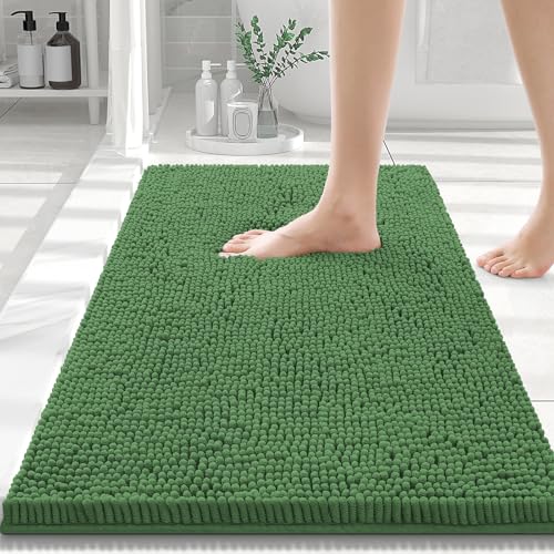 Smiry Luxury Chenille Bathroom Rugs 30x20, Extra Soft and Absorbent Shaggy Bath Mat, Machine Washable, Non-Slip Plush Carpet Runner for Tub, Shower, and Floor, Home Decor Accessories, Olive Green