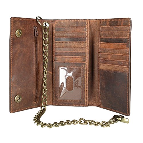 CTM Men's Crazy Horse Leather RFID Long Trifold Chain Wallet, Brown3
