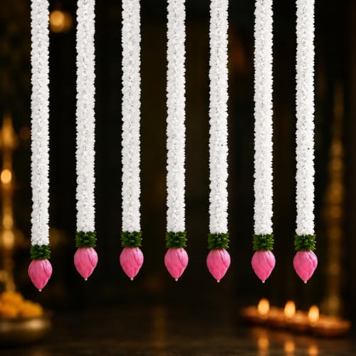 Image of Artificial Flower Hanging Garland | Lotus Gajra for Mandir Decoration & Pooja Decor | Wall /Door Hanging Flowers for Home, Diwali, Ganpati & Festival Decoration (White & Pink) 7 pcs