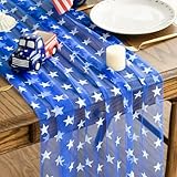 Artoid Mode White Stars Blue Gauze Table Runner 120 Inch 10FT, 4th of July Sheer Dining Wedding Holiday Birthday Table Decor for Home Party