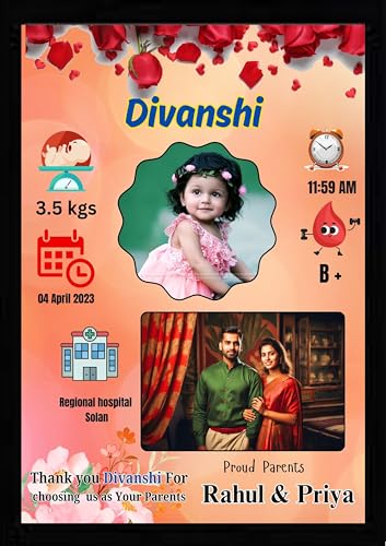 Image of Personalized Baby Birth Announcement Photo Frame, Marble Design with Birth Details and Parents Photo, A4 Size Black, 2 Photo(s), 10 X 13 Send photos WP -8905457154, Order id, Birth Memory Photo Frame (1, orange)