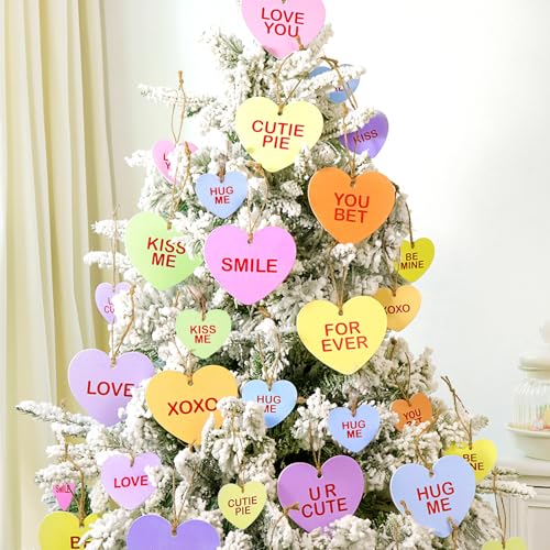 Valentines Day Decor Tree Decorations: 36 pcs Wooden Candy Heart Tree Ornaments in 2 Sizes, Cute BE Mine KISS ME Love Forever Wood Conversation Candy Heart for Home Wedding Kids Gifts Wall Door Decor