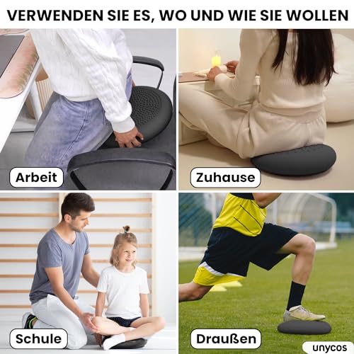 unycos - Ballsitzkissen 33 cm inklusive Pumpe, Noppenkissen, Luftkissen, Anti-Burst Sitzkissen, Balancekissen, Core, Rücken, Fitness Koordinations und Rückentraining (Grau; PureZen)