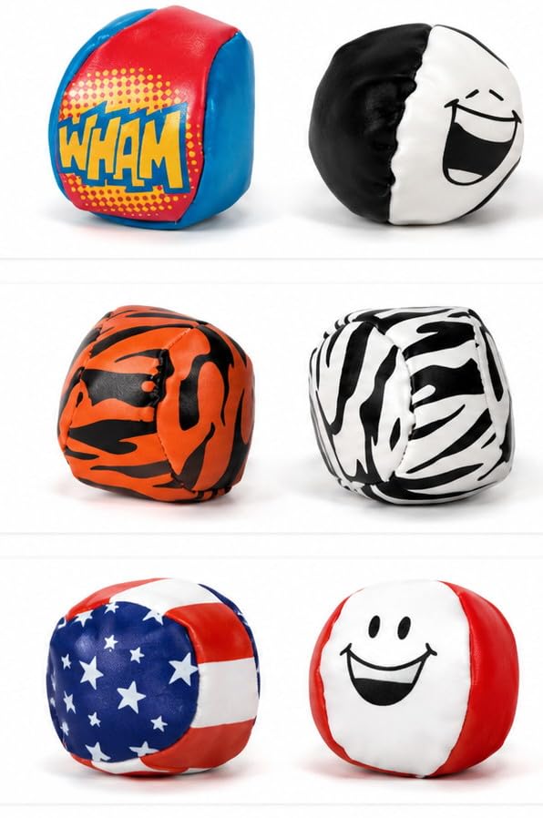Lot of 6 Design Footbags, Foot Sacks, Hackeys, Hackys, Kick Bags, Designs May Vary. Aliens, Peace Signs, Sports, Super Heros, Funny Faces, Patriotic, Animals, etc.