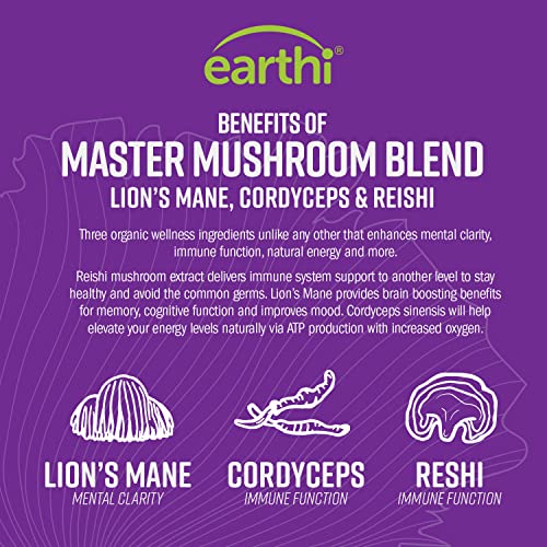 Earthi Master Mushroom Supplement, Blend Of Organic Reishi, Lion's Mane & Cordyceps Mushroom, Immune & Wellness Support For Mind, Body & Soul, 90 Capsules #TOP1