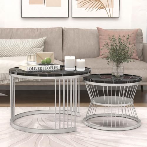 Image of Brown Art SHOPPEE Round Coffee Table Home Decor Furniture Coffee Table Sets,2 Piece MDF Top,Stacking Nesting Table with Iron Frame for Living Room Living Room or Lounge (Silver Black)