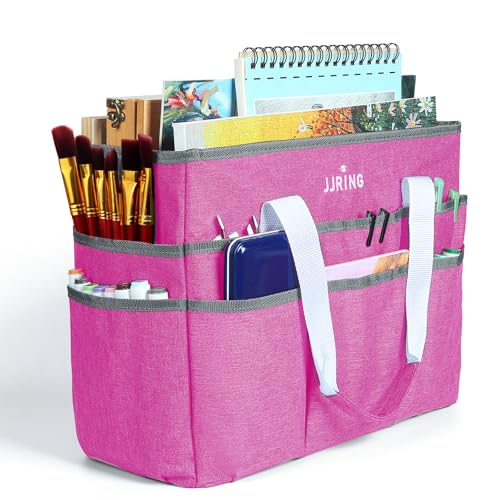 Image of JJRING Craft Organizer Tote Bag, Large Art Storage Caddy with Multiple Pockets, Deep Red Sewing Bag for Art, Craft, Scrapbooking, Medical, and Office Supplies Storage