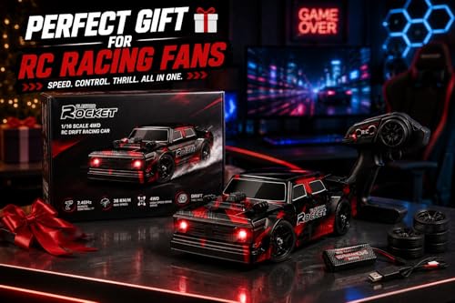 Image of RC Drift Car 1 /16 Scale 4WD Remote Control Racing Car with LED Headlights, 2.4 GHz High Speed Drift Vehicle, 7.4 V 1200 mAh Rechargeable Battery with Extra Tires for Kids and Adults