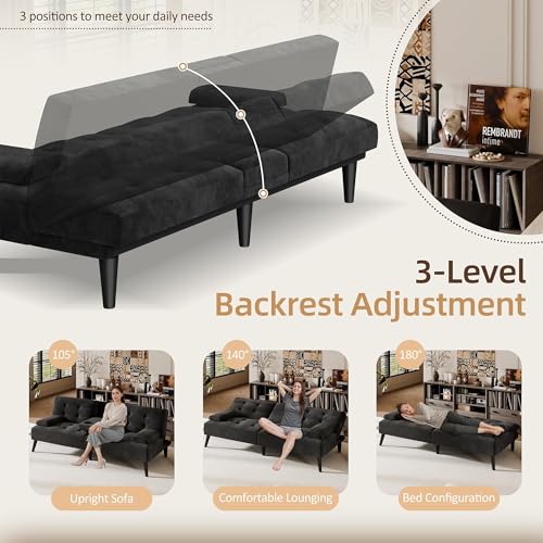 Image of Futon Sofa Bed,Velvet Foldable Couch,Reclining Sleeper with Removable Armrests,Upholstered Loveseat Sofa Couch with Folding Cup Holders for Home,Black