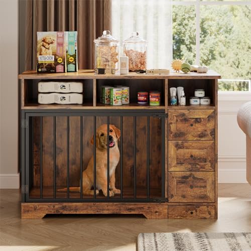 48'' Dog Crate Furniture, Farmhouse Dog Kennel Furniture with Dog Bowl & Storage Drawers, Heavy Duty Dog Cage End Table for Medium Small Dogs, Retro Brown