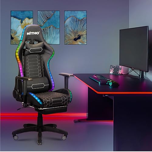 Image of NiTHO HALO RGB Gaming Office Chair with Retractable Footrest | Ergonomic 135 Reclining Computer Chair with USB-Powered RGB Light Strips, Adjustable Armrests, Swivel Chair for Gaming or Work, Black