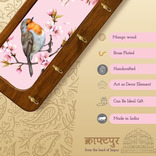 Image of Stylish Wooden Key Holder for Wall | Cute Key Holder for Home Decor | Key Holder Stand with 5 Hooks | Wall Mounted Key Hanger| (Bird Pink Keyholder)