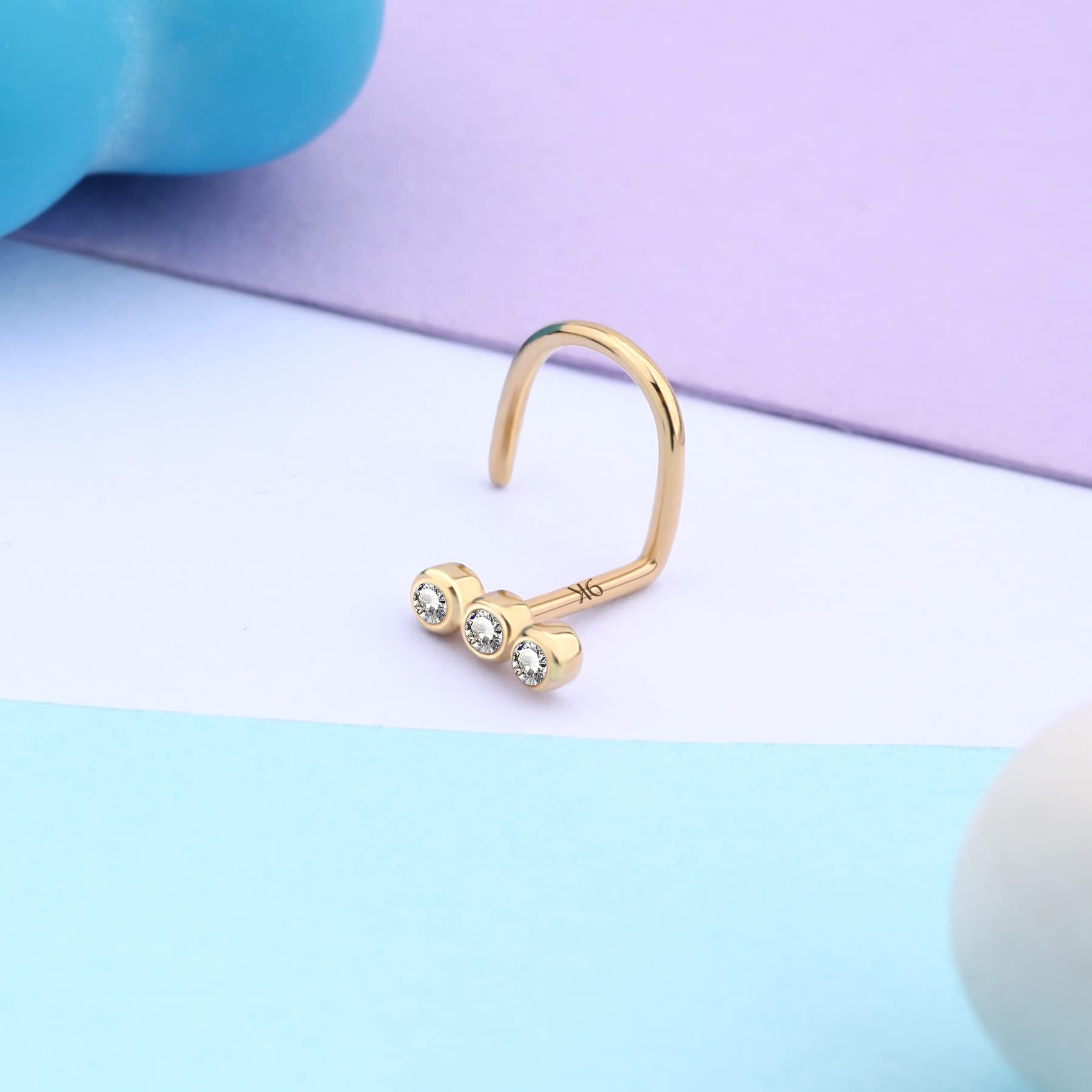 MeIighting 9ct & 14ct Yellow Gold Nostril Piercing Stud 20G Nose Ring Piercing L Shaped Nose Stud Round CZ Screw Nose Ring Piercings Gold Nose Bone Nose Ring Stud Piercing Jewelry