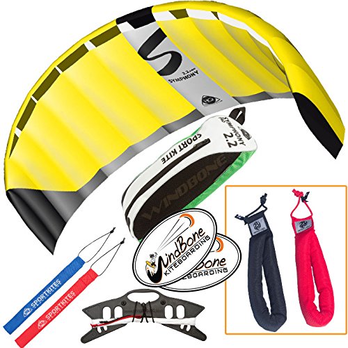 HQ Symphony Pro 2.2 Kite Neon Yellow Bundle (3 Items) + Peter Lynn Heavy Duty Padded Kite Control Strap Handles Pair + WindBone Kiteboarding Lifestyle Stickers