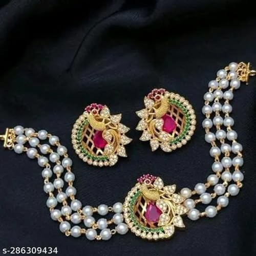 Image of Antique Gold Plated Temple Jewellery Necklace Set with Earrings for Women, Traditional Indian Bridal Necklace Set, South Indian Choker Haram Style Jewellery Set, Ethnic Wedding for Women