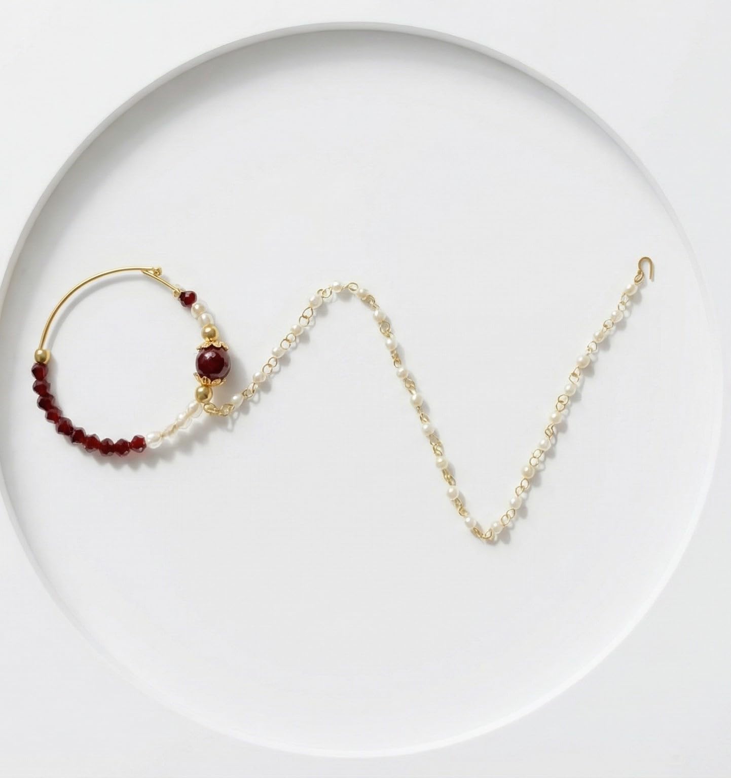 Maroon & White Crystal Pearl Nose Ring for Women, Brass Gold Plated Bridal Nath with Chain, Traditional Wedding Nose Jewellery-image-45