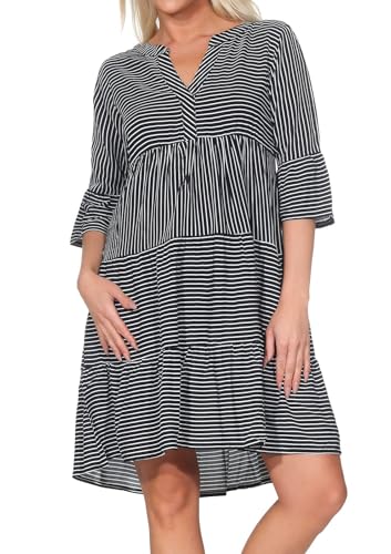 Sublevel Damen Viskose Mini-Kleid Tunika 3/4 Arm LSL-413 mit Streifen Black L