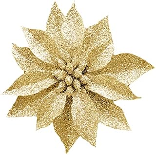 Yueshop 10 Pcs Glitter Christmas Flowers with Artificial Poinsettia Flower Christmas Tree Flower Decorations Xmas Tree Ornaments (White, 9CM)
