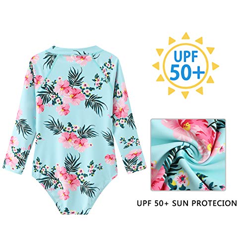 Image of Moon Tree Girls One Piece Swimsuits Long Sleeve Rash Guard Zipper Front Bathing Suit UPF 50+