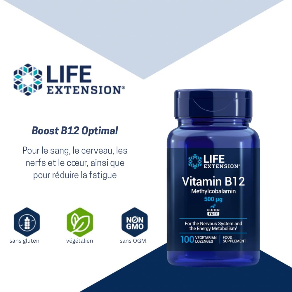 Life Extension - Vitamine B12 Méthylcobalamine 500 mcg, 100 Comprimés à Sucer Végétariens – Soutien pour l'Énergie, le Système Nerveux, le Métabolisme de l'Homocystéine et la Formation Sanguine