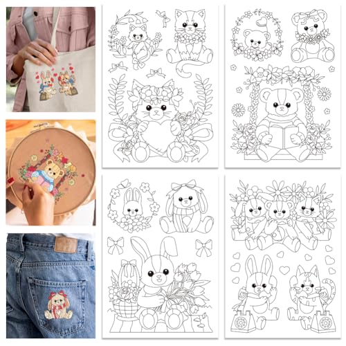 GLOBLELAND 4 Sheets Animal Dolls Water Soluble Hand Sewing Stabilizers Flowers Wash Away Embroidery Stabilizer Fox Bear Embroidery Stitch Practice for Embroidery Beginners Lovers