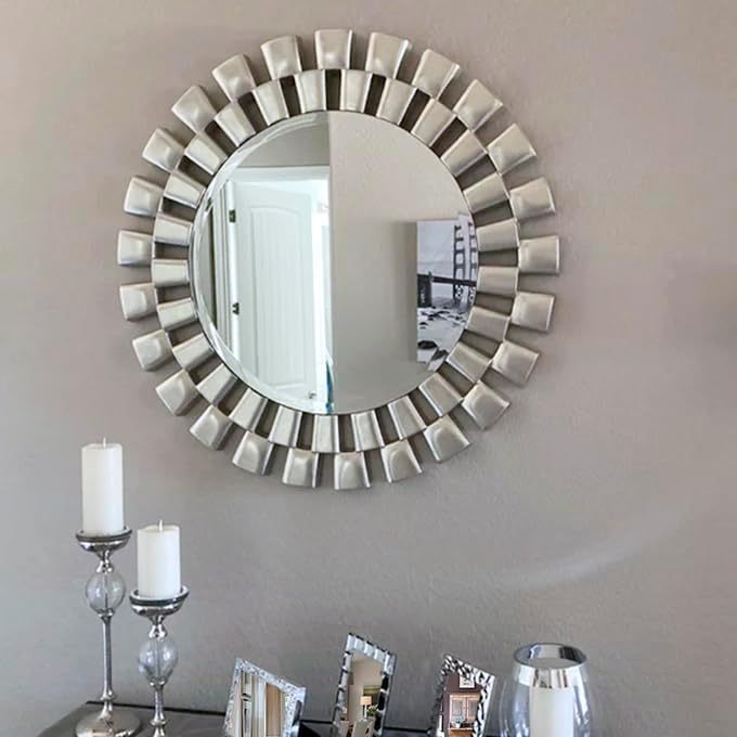 Vista 8 de Chende Espejos redondos para decoración de pared, espejo de pared plateado con marco de madera, espejo decorativo de 32 x 32 pulgadas con vidrio