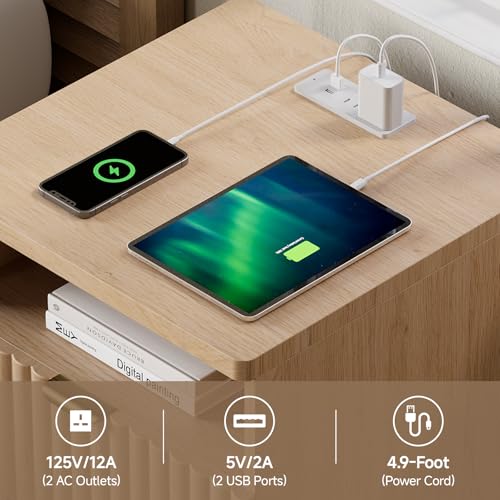 Night Stand Set 2, Nightstand with Charging Station Bedside Table, Morden Fluted Bed Side End Table with 2 Drawers, Wood Small Nightstand for Bedroom Living Room (1, Oak Natural) - Image 4