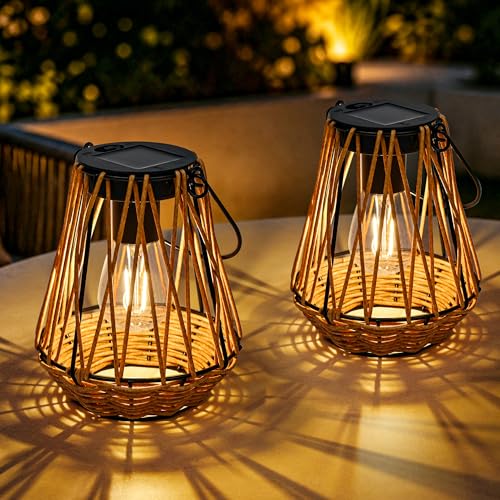 Lanterne solaire en rotin GIGALUMI suspendue lot de 2 pour jardin
