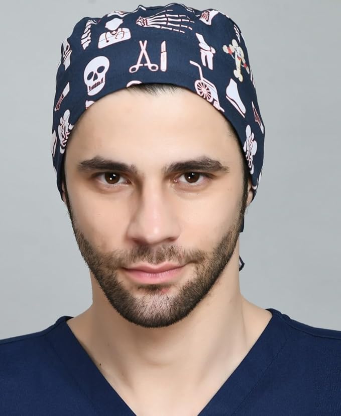 Printed Soft Cotton Tie-Back Scrub Cap Poplin with Inside Sweat Band Comfortable Unisex Head Bands Cap (Orthopediac)