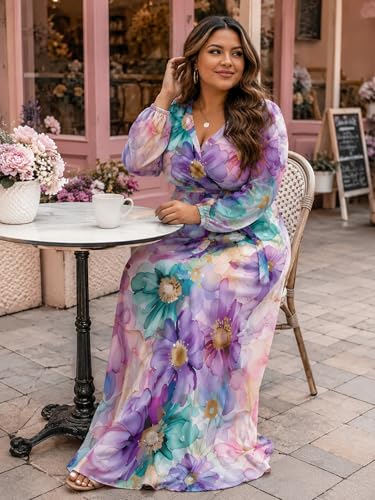 Image of PinkPatty Women's Long Sleeve Maxi Dress Plus Size Trendy Wedding Guest Dress with Pockets&Belt