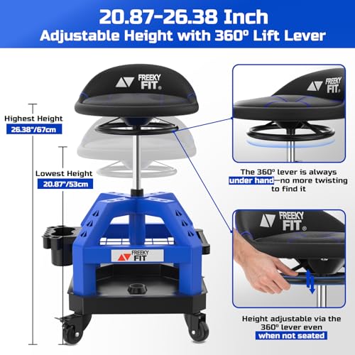 Image of Rolling Shop Stool for Garage with Casters, DO02-Adjustable Height 360 Swivel Shop Seat with Tool Tray Storage, 330 LBS Capacity Padded Mechanic Stool, Magnetic Tool Hold, Heavy Duty, Blue