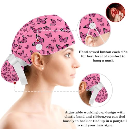 Image of Butterfly Scrub Cap Women with Ponytail & Buttons Adjustable Surgical Nurse Hat with Cotton Sweatband for Long Hair