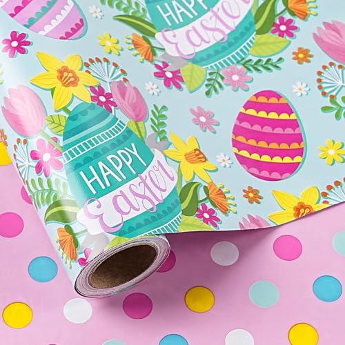 LeZakaa Easter Wrapping Paper Roll for Kids, Happy Easter Colorful Egg with Spring Flower Reversible Gift Wrap for Spring, Holiday Celebrations, DIY Crafts, Mini Roll 17 in x 16.4 Ft