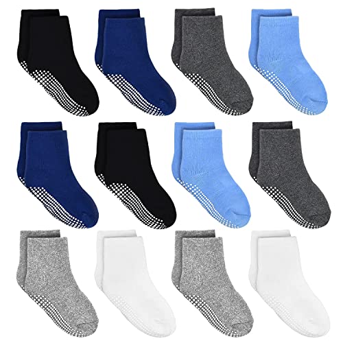 HYCLES ABS Socken Kinder - 12 Paar Baby Jungen Kleinkind Rutschfeste Socken für 1-3 Jahre Schwarz+Marine+Weiß+Dunkelgrau+Hellgrau+Blau thumbnail