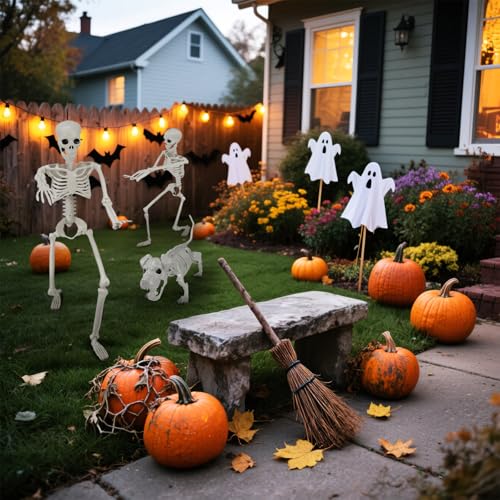 Image of Lighted Human & Dog Skeleton Halloween Decorations Outdoor /Indoor - 36 Inch Realistic Full Body Movable Posable Skeleton Spooky Halloween Decor for Garden Yard Porch Party Haunted Graveyard