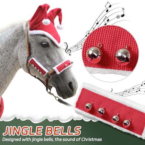 Image of Fleece Horse Santa Halter Bridle Cover with Jingle Bell for Christmas Parade