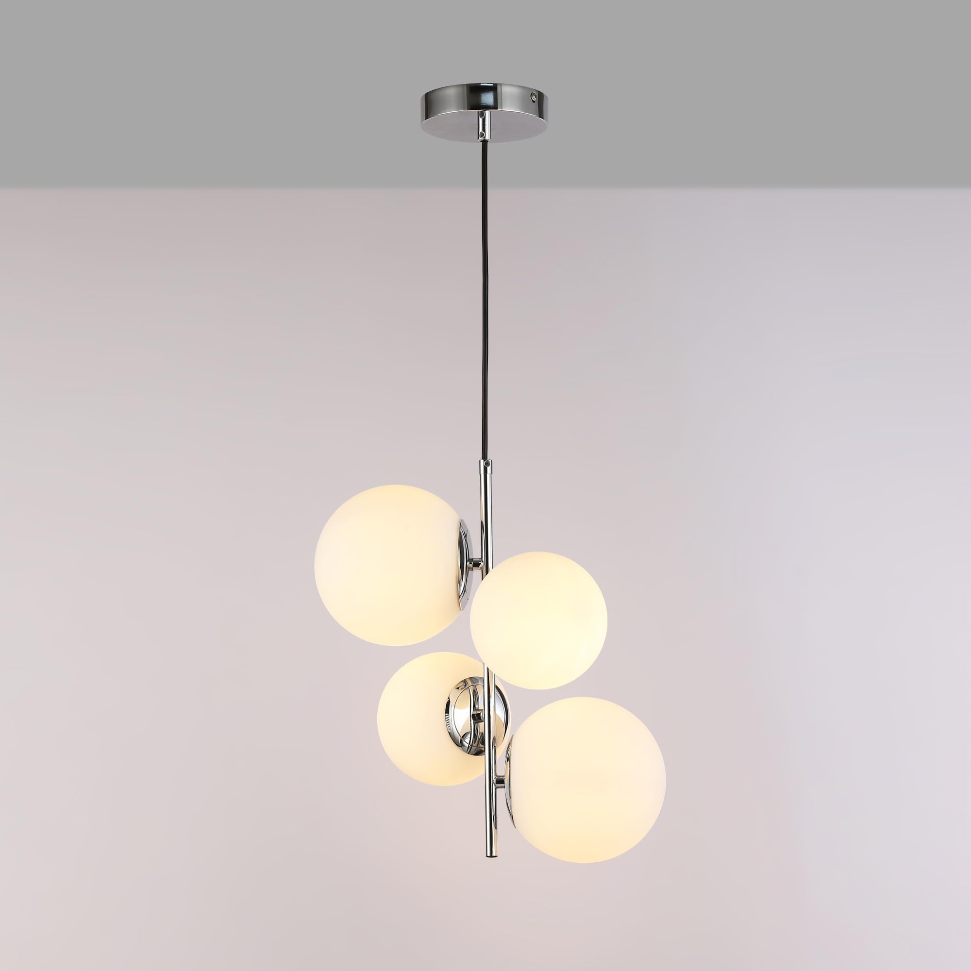 Lampada a sospensione da soffitto TANNA a 4 sfere, lampada moderna in vetro opalino e alluminio, attacco E27, Ø 15cm, altezza regolabile, per soggiorno, sala, cucina o camera da letto