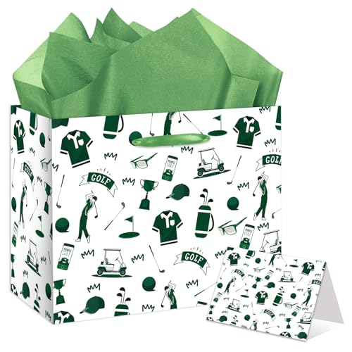 YXYASR Large Golf Gift Bag with Tissue Papers and Greeting Card Envelope Golf Themed Gift Wrap Kit for Fathers Day Retirement Birthday Golfers (11.8 x 5.3 x 9.4 in)